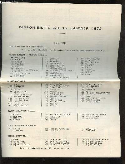 PEPINIERES MINIER - LISTING DE DISPONIBILITE AU 15 JANVIER 1972 DE ROSIERS, PLANTES GRIMPANTES, ARBUSTE D'ORNEMENT, CONIFERES, JEUNES PLANTS D'ARBRES ET D'ARBUSTES, DE CONIFERES D'ORNEMENTSAUVAGEONS DE ROSIERS POUR GREFFER ETC....