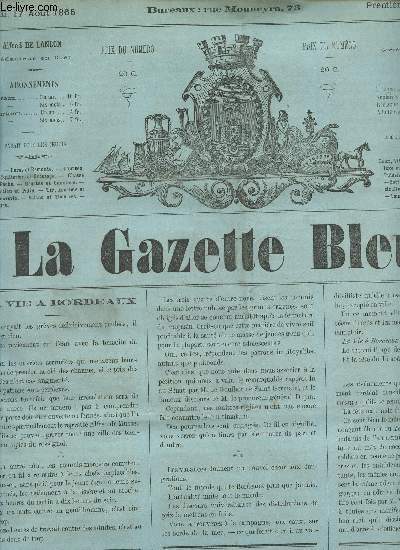 LA GAZETTE BLEUE - 1ere ANNEE - NUMERO 35 - 17 Aout 1865 / La vie  Bordeaux - Les objets d'art anciens (IV) : Sculpture - Les bouffes parisiens - Le Chateau de l'Ombrire etc....