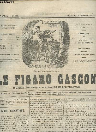 LE FIGARO GASCON - 5e ANNEE - N218 - du 22 au 28 janvier 1865 / REvue draatique - Echos - Coups de rasoir - Prime extraordinaire - Un peu de tout - Chronique parisienne - etc...