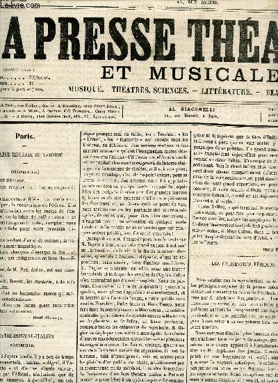 LA PRESSE THEATRALE ET MUSICALE - 12e ANNEE - 5 OCTOBRE 1865 / THEATRE IMPERIAL DE L'ODEON - THEATRE IMPERIALE ITALIEN - LES ORCHESTRES FEMINNS - DE L'APTITUDE MUSICALE CHEZ LES FEMMES ETC...