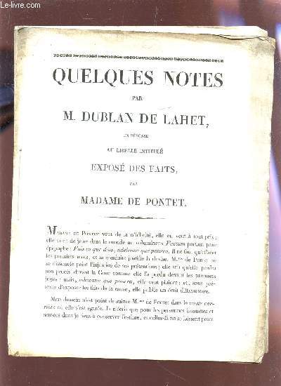 QUELQUES NOTES PAR M. DUBLAN DE LAHET EN REPONSE AU LIBELLE INTITULE 