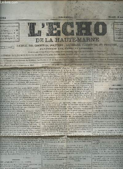 L'ECHO DE LA HAUTE MARNE - N3454 - 6 NOVEMBRE 1866 / FEUILLON N12 : LES TROIS SAURAIN PAR E. RICHEBOURG / CHRONIQUE LOCALE / PURGE LEGALE / VENTES DIVERSES.