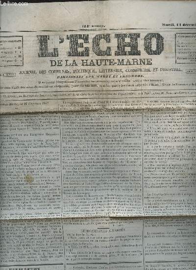 L'ECHO DE LA HAUTE MARNE - N3464 - 11 DECEMBRE 1866 / REORGANISATION DE L'ARMEE / FEUILLETON N19 PAR E. RICHEBOURG / CORRESPONDANCE / VARIETES / FAITS DIVERS / VENTES DIVERSES.