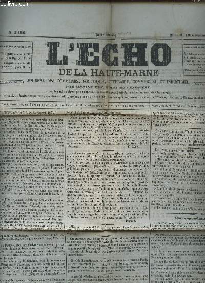 L'ECHO DE LA HAUTE MARNE - N3456 - 13 NOVEMBRE 1866 / FEUILLETON N13 : LES TROIS SAURAIN R E. RICHEBOURG / CORRESPONDANCE / COUR D'1ASSISES / THEATRE DE CHAUMONT / FAITS DIVERS / VENTES DIVERSES....
