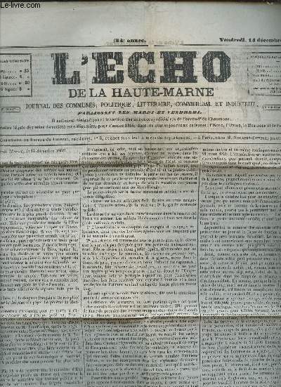 L'ECHO DE LA HAUTE MARNE - N3465 - 14 DECEMBRE 1866 / PROJET SUR L'ORGANISATION DE L'ARMEE / CORRESPONDANCE / CHRONIQUE LOCALE / VENTES DIVERSES...