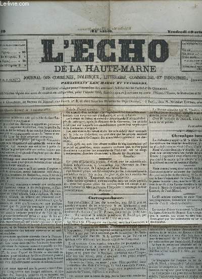 L'ECHO DE LA HAUTE MARNE - N3449 - 10 OCOTBRE 1866 / CORRESPONDANCE - CHRONIQUE LOCALE - FAITS DIVERS / BULLETIN COMMERICAL / VENTES DIVERSES....