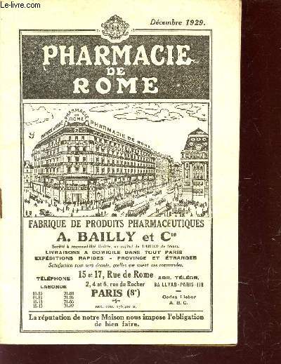 PHARMACIE DE ROME - DECEMBRE 1929 - FABRIQUE DE PRODUITS PHARMACEUTIQUES A. BAILLY ET CIE.
