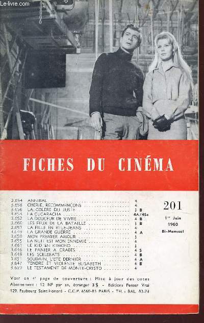 FICHES DU CINEMA - N201 - 1er JUIN 1960 / ANNIBAL - CHERIE, RECOMMENCONS - LA COLERE DU JUSTE - LA CUCARACHA - LA DOUCEUR DE VIVRE - LES FEUX DE LA BATAILLE - LA FILLE EN BLUE JEANS - LA GRANDE GUERRE - MON PREMIER AMOUR - LA NUIT EST MON ENNEMIE etc....