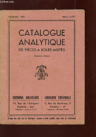 CATALOGUE ANALYTIQUE DE PIECES A ROLES MIXTES - / FEVRIER 1960.