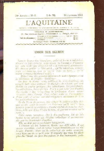 L'AQUITAINE - 79e ANNEE - N2 - 14 janvier 1944 / UNION DES EGLISES - COMMUNIQUES - etc...