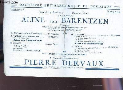 PROGRAMME OFFICIEL - ALINE VAN BARENTZEN, Piere Dervaux / Ouverture du carnaval romain - Variations symphoniques - Escales - Concerto pour piano en la mineur - La mer .