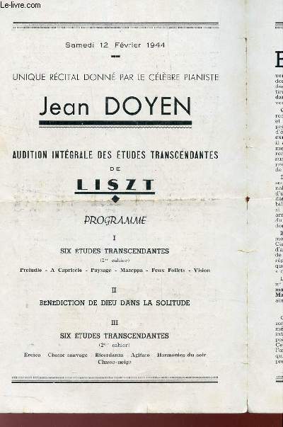 PROGRAMME OFFICIEL DU GRAND THEATRE DE BORDEAUX / JEAN DOYEN, unique rcital donn par le clbre pianiste - audition intgrale des etudes transcendantes de LTIZT.