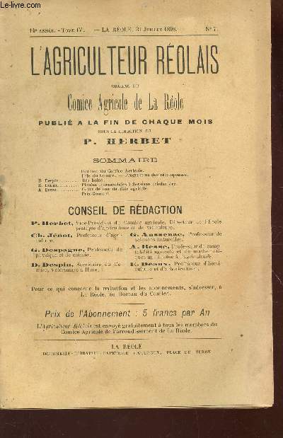 L'AGRICULTEUR REOLAIS / 14e ANNEE - N7 - 31.07.1898 - Tome IV / Des bains - Plantes ornementales a floraison printaniere - Cours de comptabilit agricole - Prix courant etc...