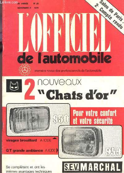 L'OFFICIEL DE L'AUTOMOBILE - 86e ANNEE - N20 - NOVEMBRE-2 1976 / La Peugeot 104 SL - Vhicules des socits : modalits d'application de la taxe etc....