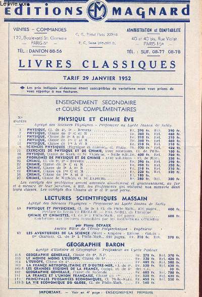 CATALOGUE DE LIVRES CLASSIQUES - TARIF 29 JANVIER 1952.