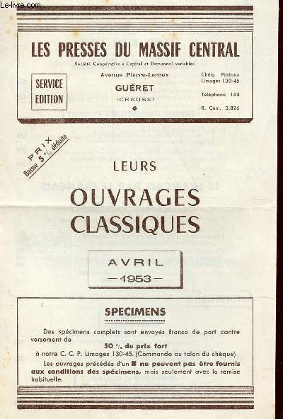 CATALOGUE - LEURS OUVRAGES CLASSIQUES - AVRIL 1953 - SPECIMEN.