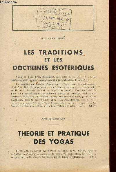 PLAQUETTE DE REFERENCEMENT BIBLIOGRAPHIQUE / LES TRADITIONS ET LES DOCTRINES ESOTERIQUES - THEORIE ET PRATIQUE DES YOGAS - LA TRADITION EGYPTIENNE etc....