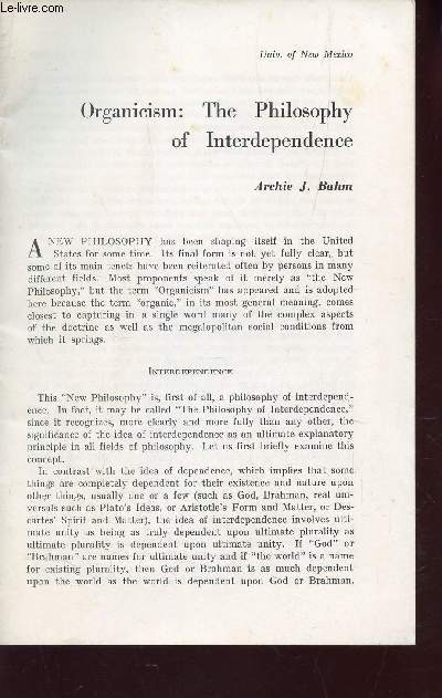 ORGANISM : THE PHILOSOPHY OF INTERDEPENDENCE / VOL.VIII, N2, JUNE 1967 - INTERNATIONAL PHILOSOPHICAL QUATERLY.