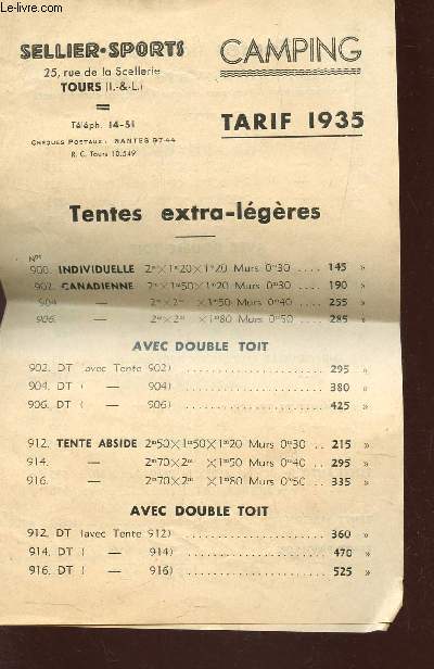 BROCHURE DE TARIF 1935 DE CAMPING - (TENTES - TAPIS DE SOL -ACCESSOIRES - MATERIEL DE COUCHAGE - TOILES).