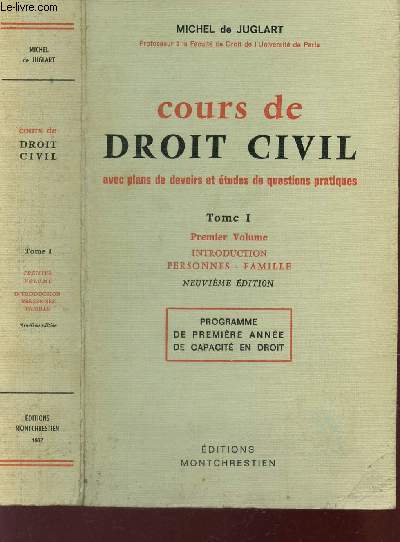 COURS DE DROIT CIVIL - TOME I - PREMIER VOLUME - INTRODUCTION - PERSONNES - FAMILLE / 9e EDITION