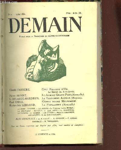 DEMAIN - N°4 - JUILLET 1924 / CENT MILLIONS D'OR - LE JOUR DU GRAND PRIX - LE... - Afbeelding 1 van 1