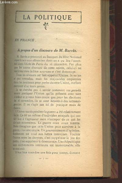 ESSAIS CRITIQUES - N1 / A PRPOS D'UN DISCOURS DE M. BARRES / LA COURONNE BULGARE / LA COURONNE HONGROISE / LAURENCE ALBANI / A L'OMBRE DES JEUNES FILLES EN FLEURS (M. PROUST) / LA DAMNATION DE FAUST / CHEZ COLONNE / Un chef d'orchestre hollandais / ETC..