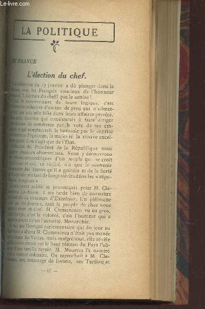 ESSAIS CRITIQUES / L'ELECTION DU CHEF / LA REMISE DU TRAITE HONGROIS / LES COMMENTAIRES DE POLYBE - Les Croix de Bois / L'Ame en folie - Les amricains chez nous - Trois oeuvres de Debussy / SALLE PLEYEL / LA PIECE DE M. EUGENE BRIEUX / REVUE DES REVUES.