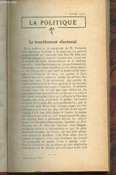 ESSAIS CRITIQUES - N51 - 1er janvier / LE TREMBLEMENT ELECTORAL / M. LUCIEN FABRE : RABEVEL / AU THEATRE MICHEL : LE COUPLE / DE QUELQUES CHOEURS - GOUNOD RT PUBLICITE / M. C. MAurras fut il prophete? - M. Therive se ronge les pattes etc...