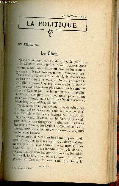 ESSAIS CRITIQUES - IV - 8 / Le Chef - Nos amis les Turcs / Conjectures (M. H. Talvart) - Le voyage de M. Renan - Les plaisirs et les jeux / Les plaisirs d'un voyage / REVUE DES REVUES.