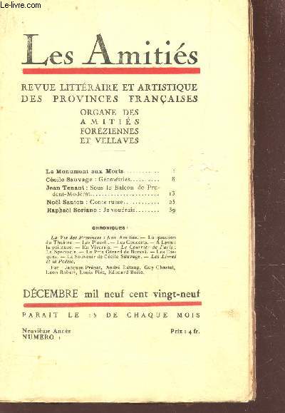 LES AMITIES - Dcembre 1929 - N1 /Le monument aux morts - Gomtries - Sous le Balcon de Prudent-Modrat / Conte russe / Je voudrais etc...