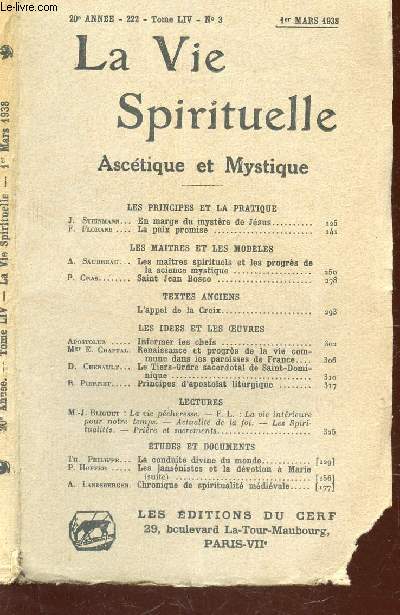 LA VIE SPRIRITUELLE ASCETIQUE ET MYSTIQUE / 20e ANNEE - 222 - TOME LIV - N3 - 1er MARS 1938.