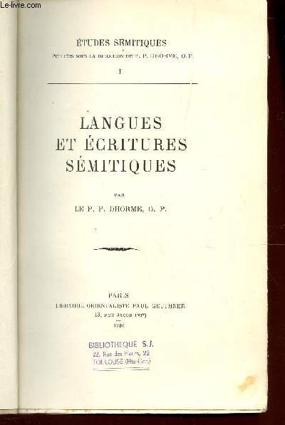 LANGUES ET ECRITURES SEMITIQUES /NI DE LA COLLECTION 