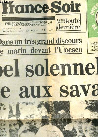 FRANCE SOIR - N11.132 - 2 JUIN 1980 / APPEL SOLENNEL DU PAPE AUX SAVANTS / NOHA bless hiers a roland-Garros etc... / JOURNAL INCOMPLET