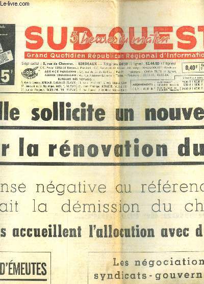 SUD OUEST - N7385 - 25 MAI 1968 / DE GAULLE SOLLICITE UN NOUVEAU 