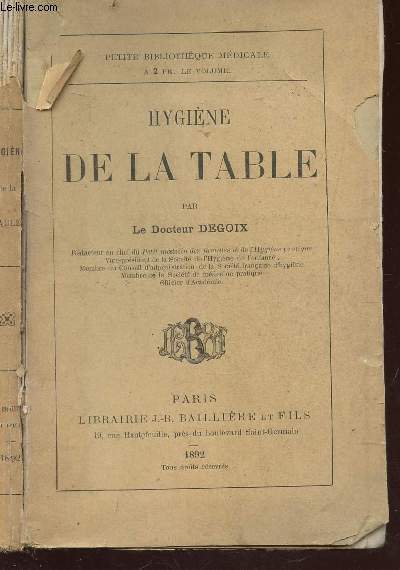 HYGIENE DE LA TABLE / PETITE BIBLIOTHEQUE MEDICALE.
