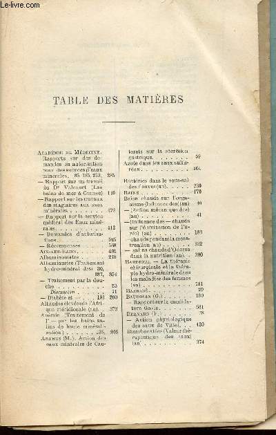 ANNALES DE LA SOCIETE D'HYDROLOGIE MEDICALE DE PARIS - COMPTES-RENDUS DES SEANCES - TOME 41/L'action des bains d'eau-Mere sur la nutrition /