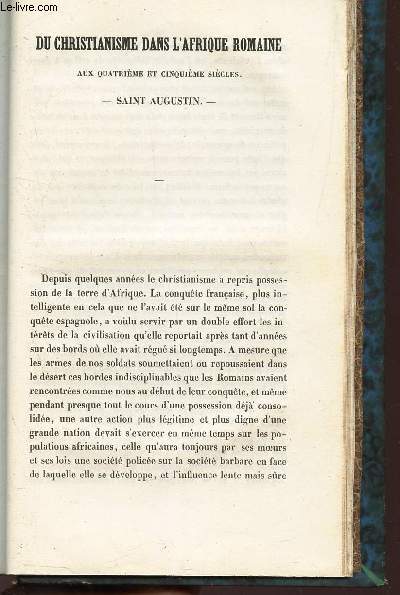 DU CHRISTIANISME DANS L'AFRIQUE ROMAINE - aux quatrieme et cinquieme siecles - SAINT AUGUSTIN /Extrait dela Revue Catholique de Bordeaux.