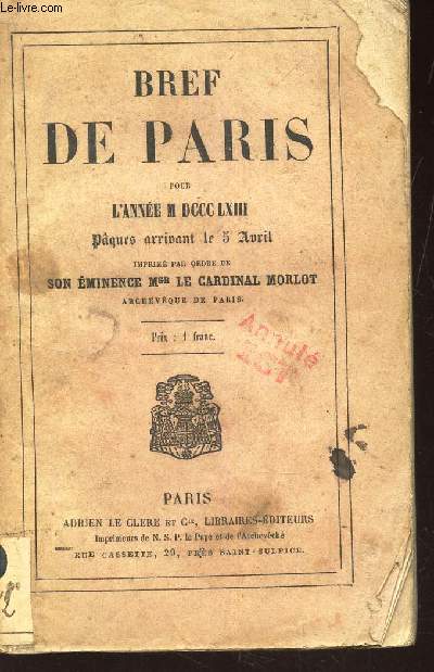 BREF DE PARIS POUR L'ANNEE M DCCC LXIII Pacques arrivant le 5 avril.