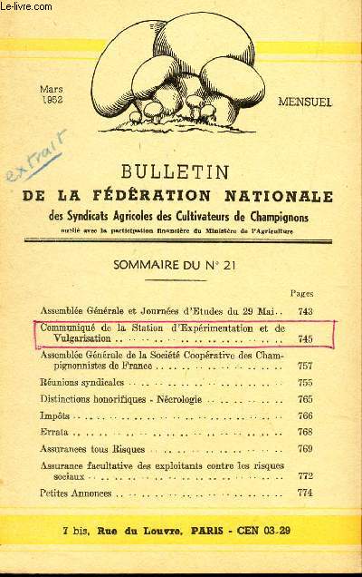 BULLETIN DE LA FEDERATION NATIONALE - N21 - MARS 1952 / Communiqu de la Station d4experimentation et de Vulgarisation / etc...