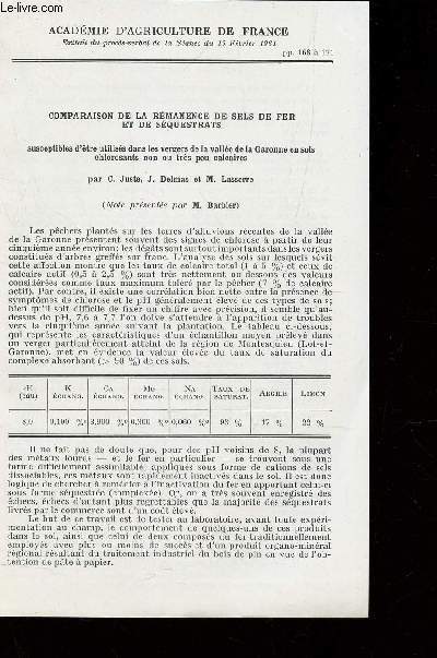 COMPARAISON DE LA REMANENCE DE SELS DE FER ET DE SEQUESTRATS - susceptibles d'etre utiliss dans les vergers de la valle de la Garonne en sols chlorososants non ou trs peu calcaires / Note prsente par M. BARBIER / Extrait du procs verbal de la sance