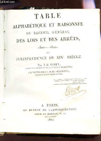 TABLE ALPHABETIQUE DU RECUIL GENERAL DES LOIS ET DES ARRETS - 1800-1820 OU JURISPRUDENCE DU XIXe SIECLE