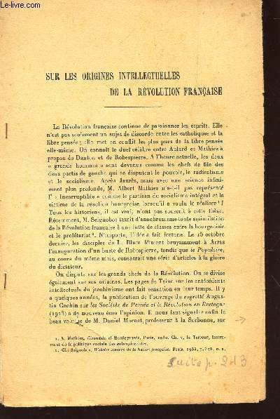 SUR LES ORIGINES INTELLECTUELLES DE LA REVOLUTION FRANCAISE (petit fascicule)