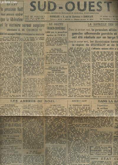1 COUPURE DE PRESSE - 26 DECEMBRE 1944 / Avant le prochain noel nous pouvons esperer que la liberation et la victoire seront acquises declare S.M. GEORGES VI - La Bataille des Ardennes etc...