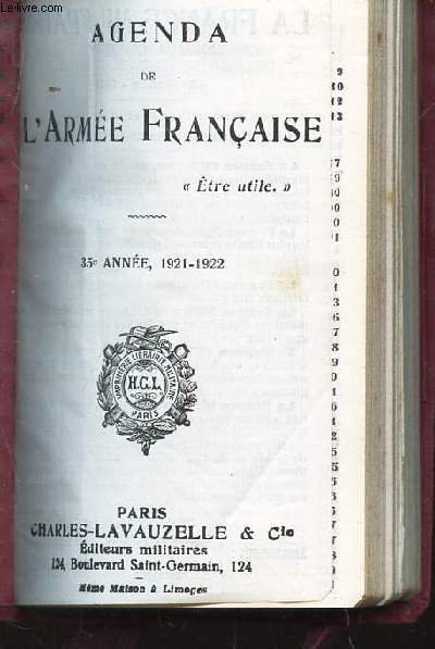 AGENDA DE L'ARMEE FRANCAISE - 35e ANNEE - 1921-1922.