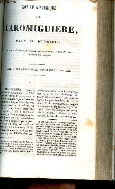 NOTICE HISTORIQUE SUR LAROMIGUIERE - Extrait de la biographie universelle, Tome LXX.