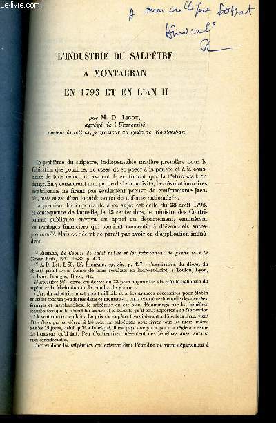 L'INDUSTRIE DU SALPETRE A MONTAUBAN EN 1793 ET EN L'AN II / Extrait des Acte du 81e congrs des Socits Sanvantes - Rouen-Caen 1956.