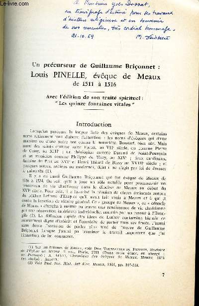 UN PRECURSEUR DE GUILLAUME BRICONNET : LOUIS PINELLE , EVEQUE DE MEAUX DE 1511  1516 / EXTRAIT DU bulletin d'Histoire et d'Archeologie de l'Arrondissement de Provins - n)122.