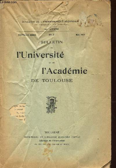 BULLETIN DE L'UNIVERSITE ET DE L'ACADEMIE DE TOULOUSE - N7 - MAI 1931