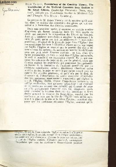 EXTRAIT DE COMPTES-RENDUS / foundations of conciliar theory, the contribution of the medieval canonists from gratian to the great schism - Extrait de Cambridge University press - 1955 - XII - ...