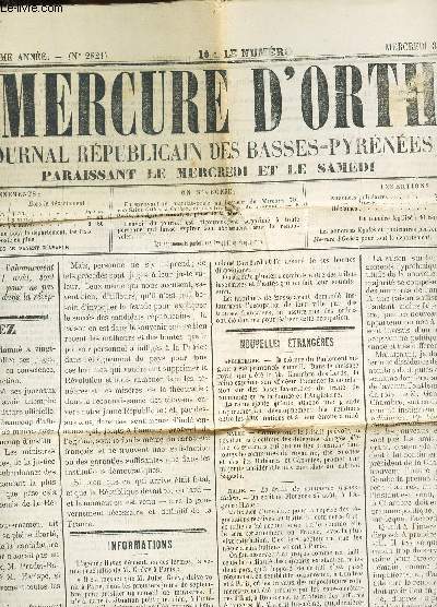 LE MERCURE D'ORTHEZ ET SES BASSES PYRENNES - N2821 - 31 aout 1881 - 45e anne / Orthez / Nouvelles etrangres / Lettre parisienne / etc...